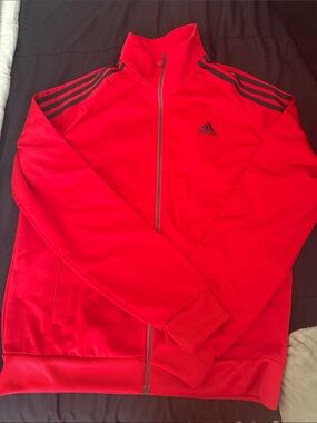 adidas Red Men's Full-Zip Bomber Jacket with Black Stripes
